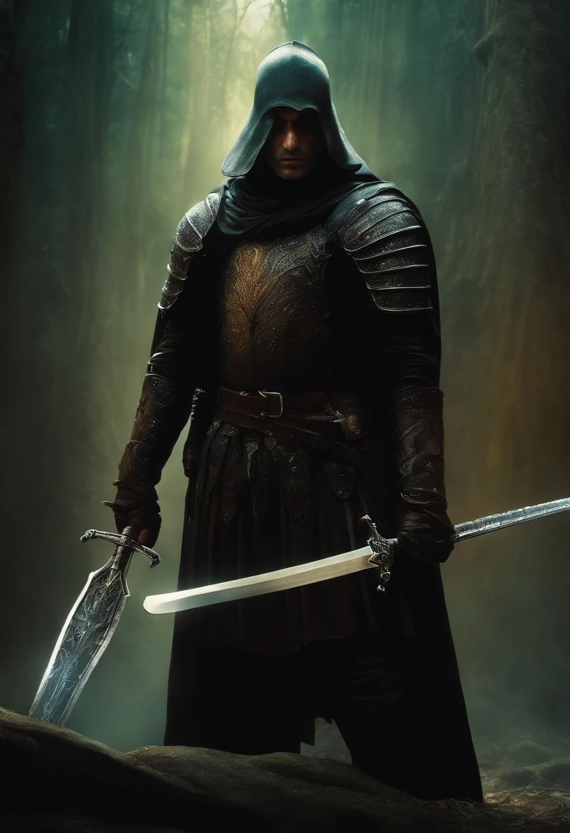 dark fantasy, oil painting style, 1980's dvd, knight with glass sword, ray tracing effects, cyberpunk, berserk, noisy photo effect