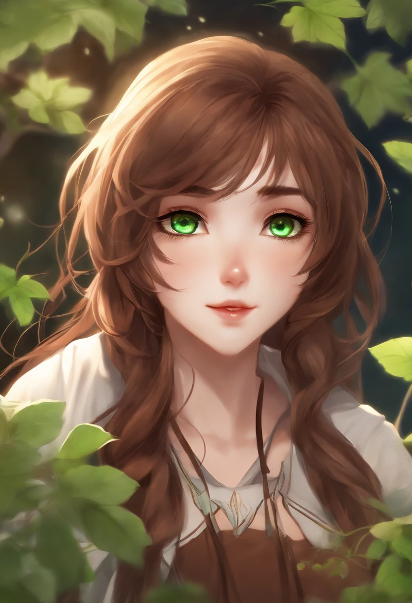Cute female anime avatar with green eyes long brown hair