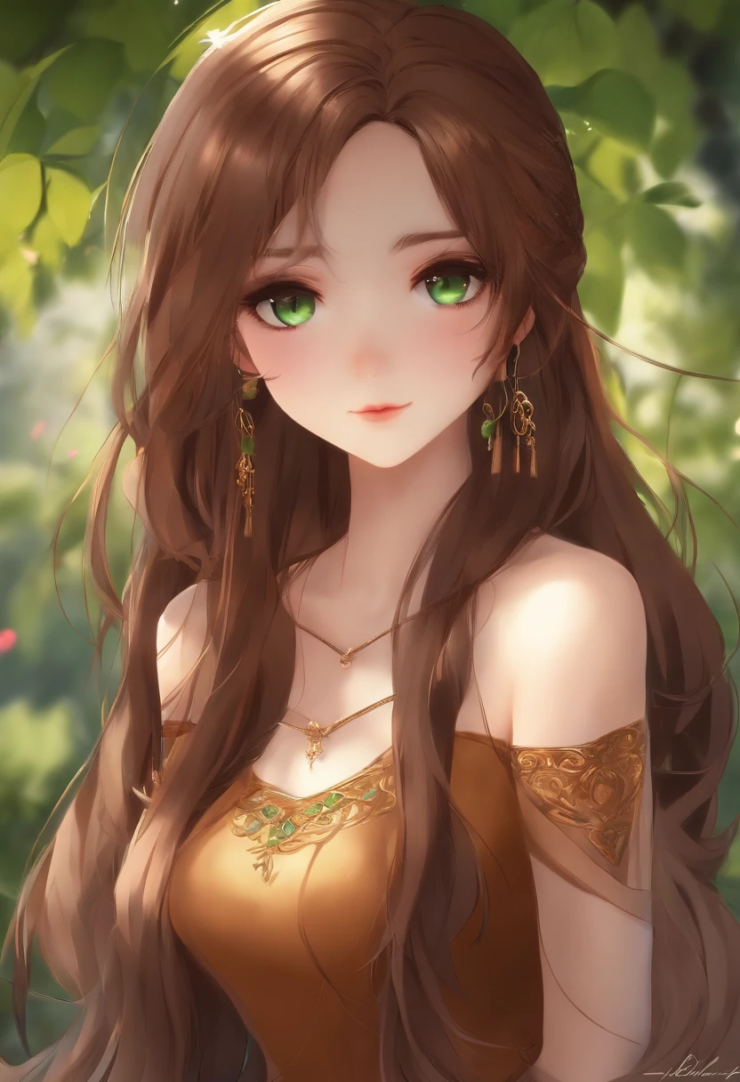 draped in flowing fabric, detailed, intricate, elegant, green sorceress robes, druid, vines, long brown hair, braids, flower crown, brown eyes, forest, looking up, falling leaves, eyeliner, make up, blush, freckles, ulzzang-6500-v1.1, necklace, shawl, wooden staff