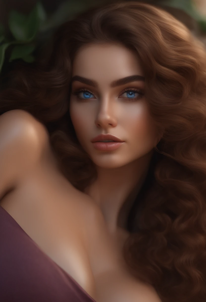 arafed woman fully , sexy girl with blue eyes, ultra realistic, meticulously detailed, portrait sophie mudd, curly brown hair and large eyes, selfie of a young woman, violet myers, with makeup, natural makeup, looking directly at the camera, face with artgram, subtle makeup, stunning full body shot kneeling on bed, in bedroom, medium to large size bust