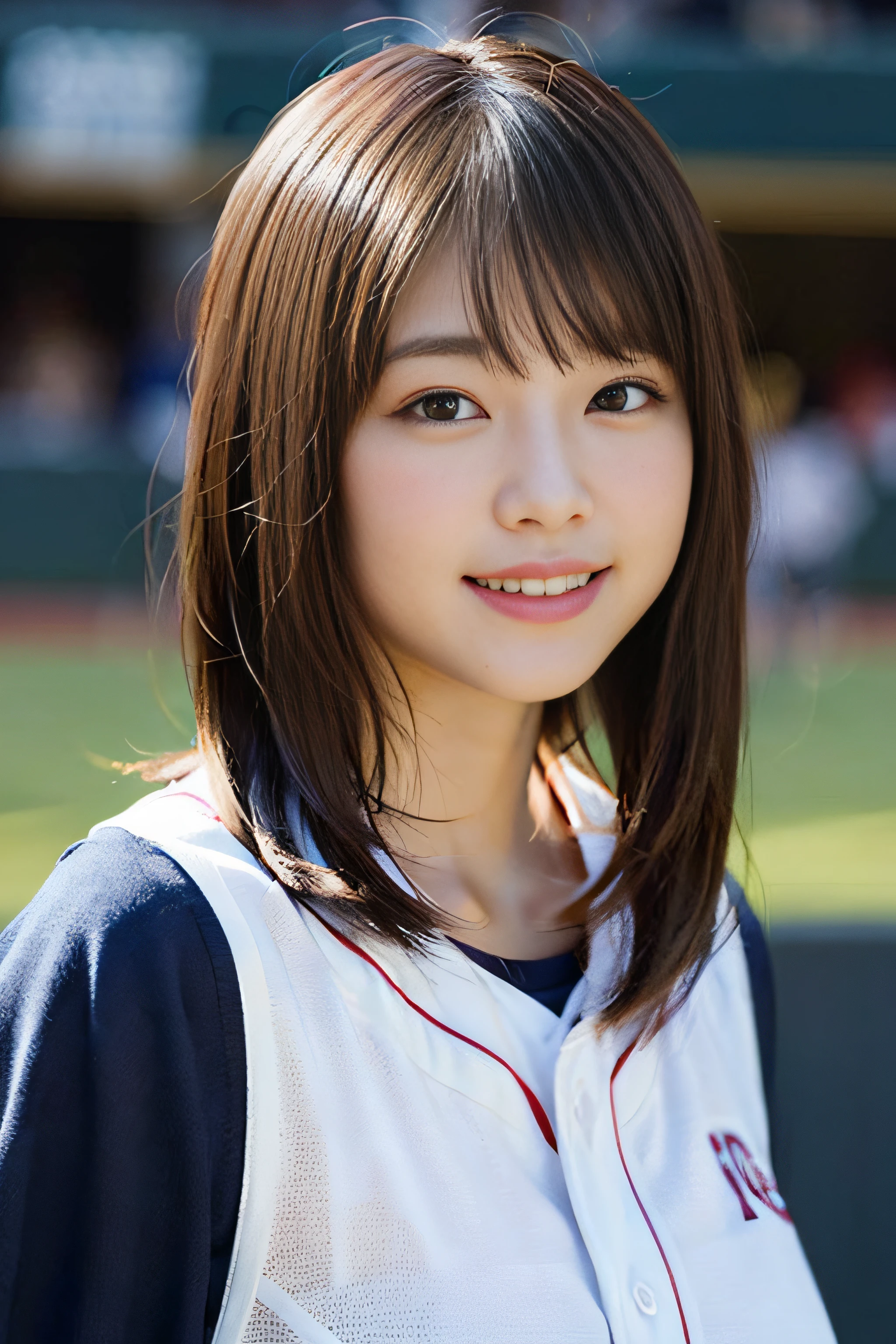 (8K、Raw photography、top-quality、masterpiece:1.2)、(realisitic、Photorealsitic:1.37)、ultra-detailliert、超A high resolution、女の子1人、see the beholder、beautifull detailed face、A smile、Constriction、(Slim waist) :1.3)、Beautiful detailed skin、Skin Texture、Floating hair、Professional Lighting、Whole human body、Longhaire、a blond、Baseball Uniforms、hi-school girl、baseball field、Bob Hair、Happy smile、15yo student、Ministry work、Suppin、FCup Breast