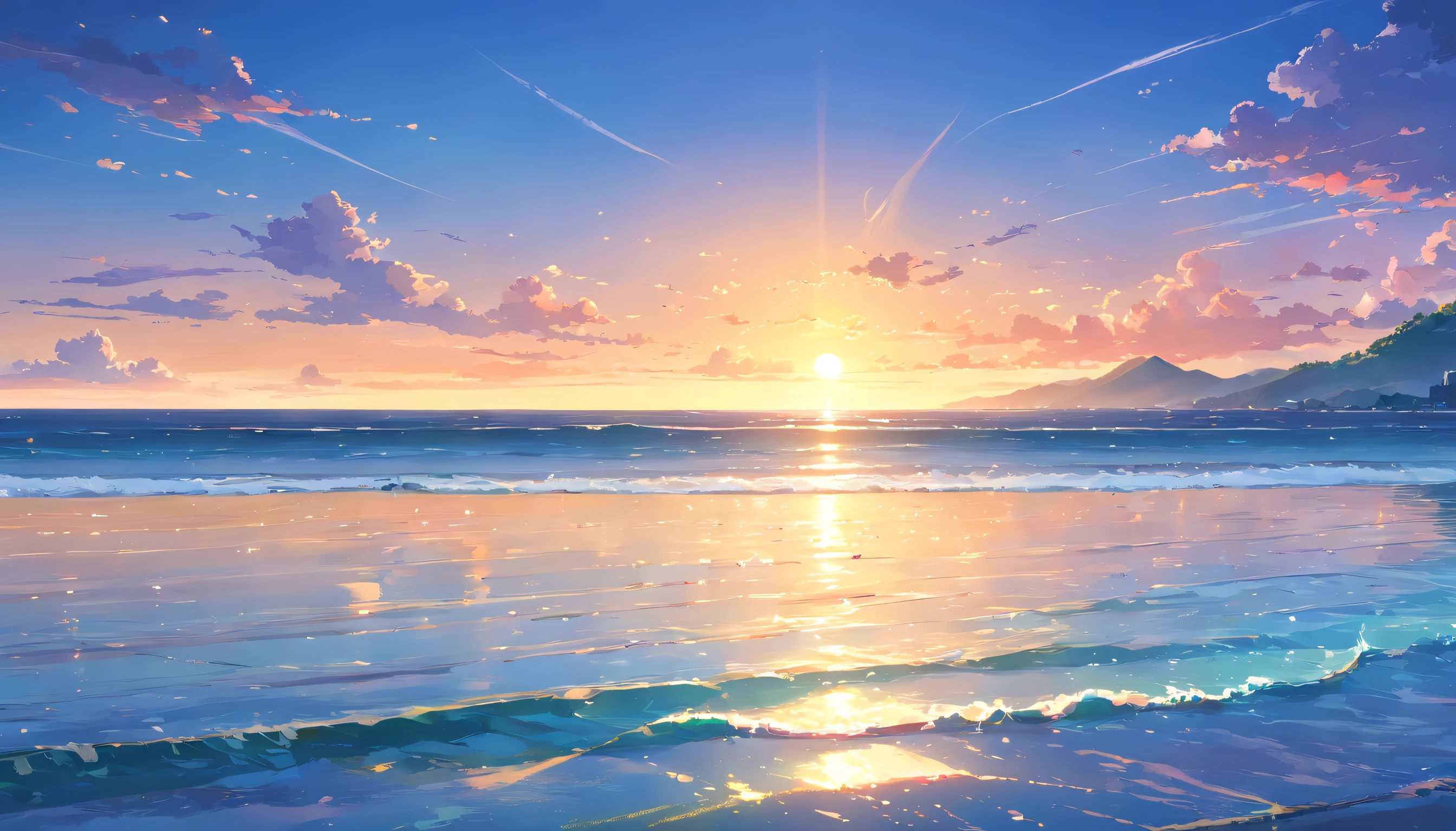 (Best quality,4K,8K,A high resolution,Masterpiece:1.2),Ultra-detailed,(Realistic,Photorealistic,photo-realistic:1.37),Vivid colors,Ocean sunset,Beautiful and detailed waves,Reflects the sun's rays,Magnificent clouds,Dramatic skies,The silhouette of a lonely sailing ship,Spectacular horizon,Glowing orange and purple hues,tranquil ambiance,Gentle and gently lapping waves,A sight of peace and quiet,Sparkling sunlight shone on the water,a peaceful and serene atmosphere,Ethereal beauty,With a touch of romance,Amazing view of the sunset,sea breezes,The tide lapping against the coast,Majestic and awe-inspiring scenery,serenity and calm,Seagulls flying in the distance,A seamless transition from day to night,The tranquil silence of the ocean,The water is rippling，Create a fantastic effect,Soft glowing lights illuminate the scene,Peaceful and magical setting,Secluded and unspoiled beach