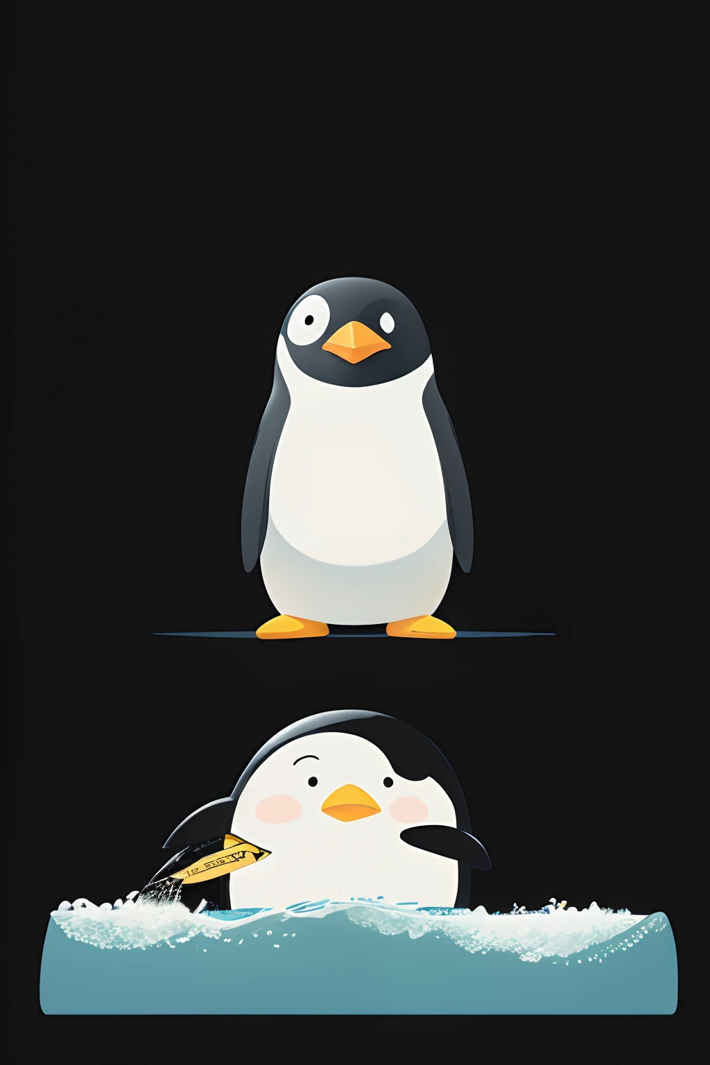 Imagine Prompt、Black background、Penguin illustration、cute little、bold outline、surfing