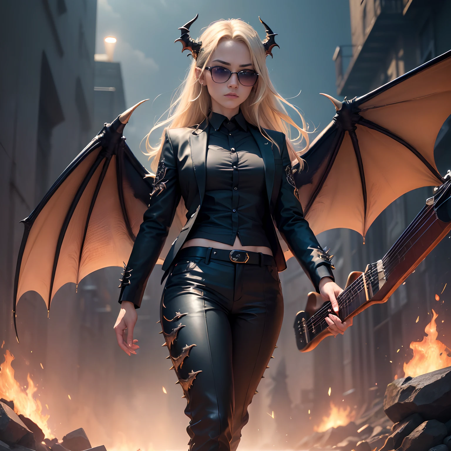 (masterpiece, best quality, high quality, highres:1.4), detailed, extremely detailed, ambient soft lighting, 4K, by (by Pino Daeni, (by ruaidri), yupa, kiyosan,(by meesh), (by fffffolder)), delga: (slim, athletic, dragon, yellow body, smooth skin, athletic muscle, anthro legs, (dragon feet), (toe claw), purple eyes, blonde spikes, (detailed eyes), dragon horn, dragon tail, two wings, dragon wings, wings on back, star shaped glasses, sunglasses, electric guitar, evil, evil, evil, evil, fire , red, chaos, (clothing, (topwear: suit, black shirt), handwear:(none), bottomwear:(pants:black, [[leg armor]]))), handsome, closed_mouth, ((serious_look, serious)) tag:1girl), standing, performing, playing electric guitar, portrait