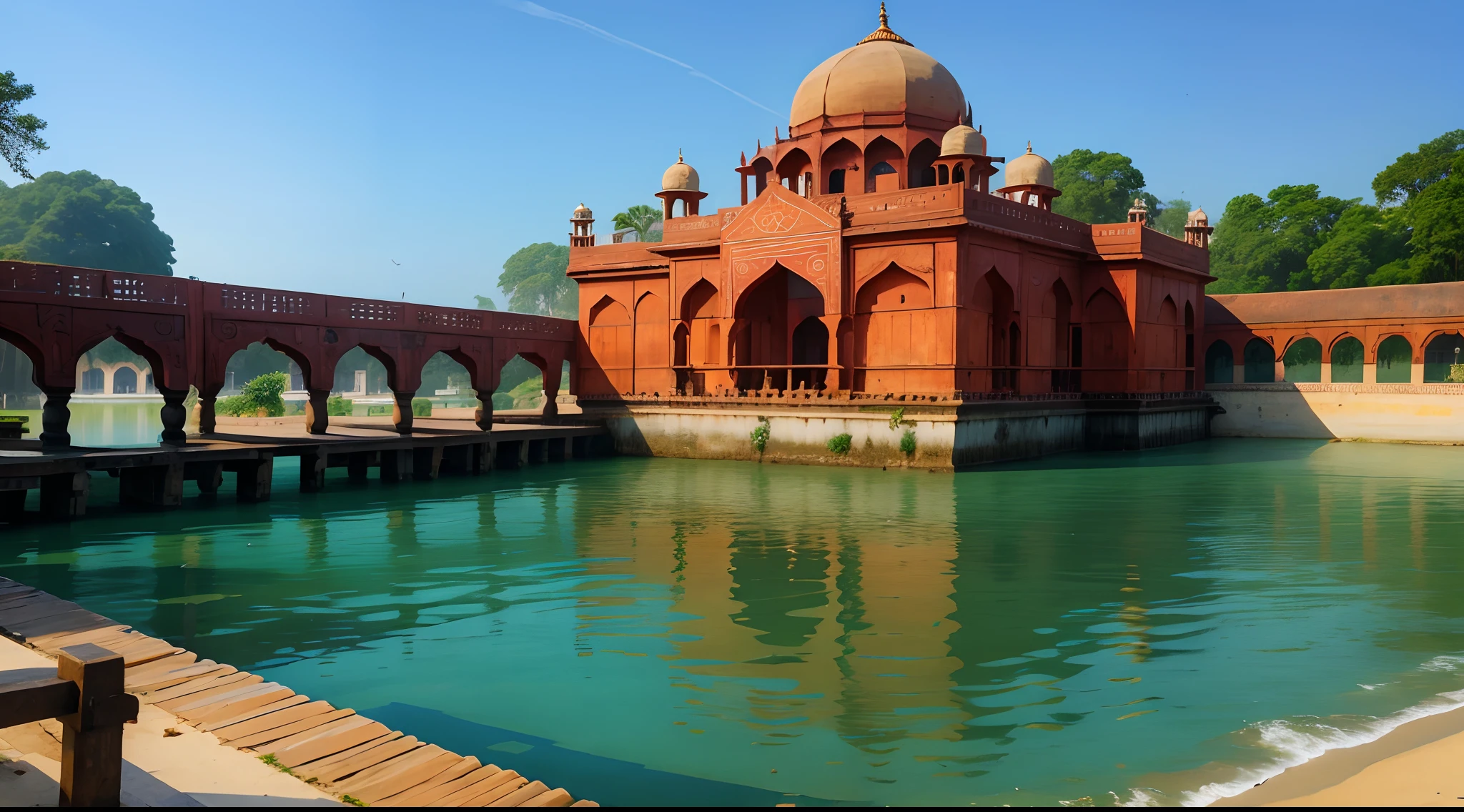 Dock of Calicut, India, Bharat, indian style, indo-muslim style, mixture of muslim and indian style, 15th cenutry, medieval age, exterior, india and hinduism element in architecture, white roof and white wall, humid and wet