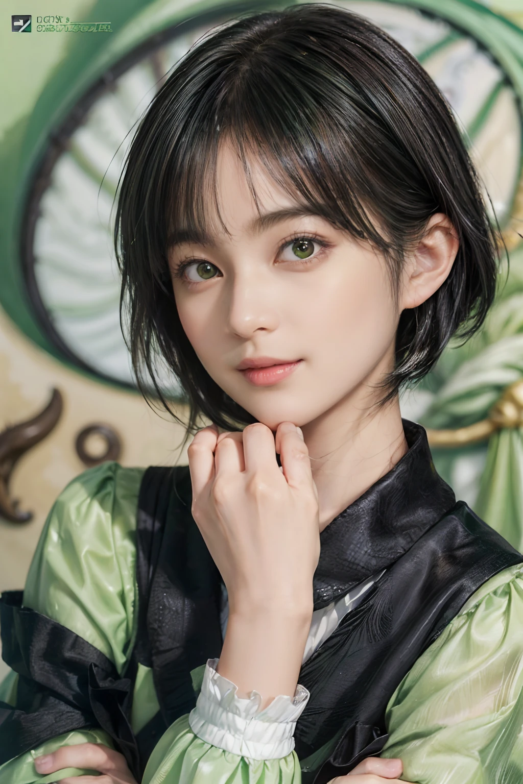 (trickart:1.3), (trompe l'oeil), Wonder Painting, (Maurice Escher:1.2), (Maurice Escher), (Black Shorthair:1.3), (a 20 yo woman), (A hyper-realistic), (masutepiece), (8KUHD), Beautiful woman, A smile, (Wear green clothes:1.3), Breast