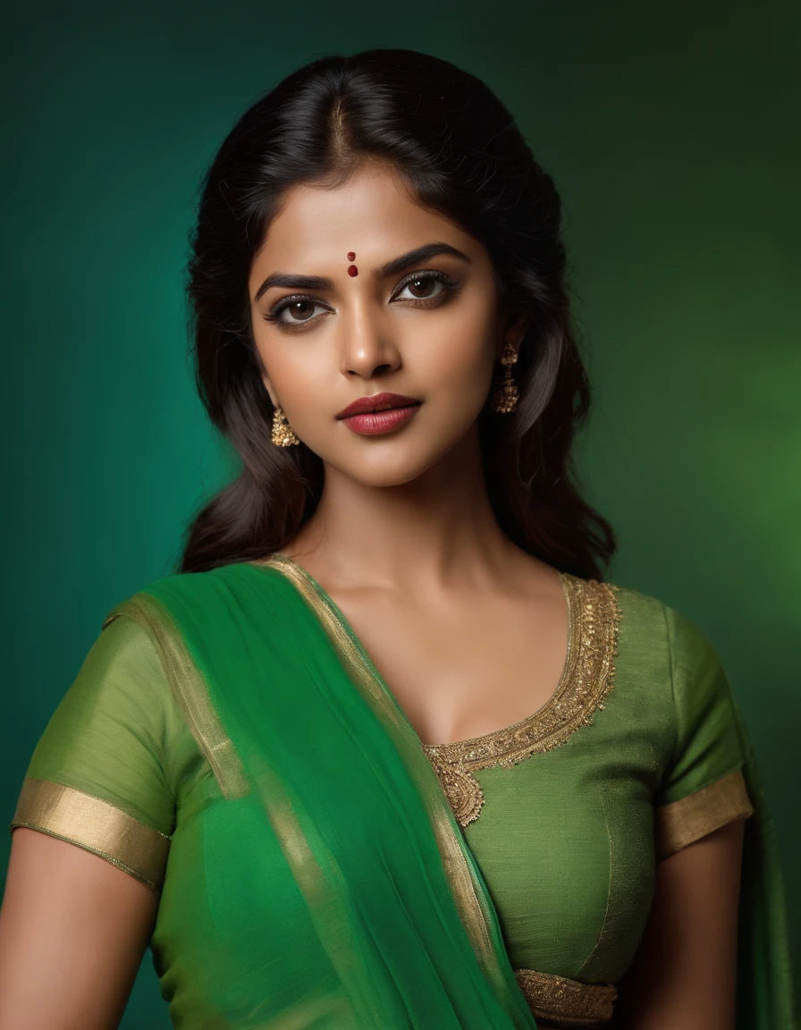 Amala Paul, Avatar，Green-skinned people，Beautuful Women，green colored skin，Full body like，head to toe，green colored skin，bit girl，solid color backdrop，one color background，solid，Light and shadow illumination，Professional cameras，realisticlying，