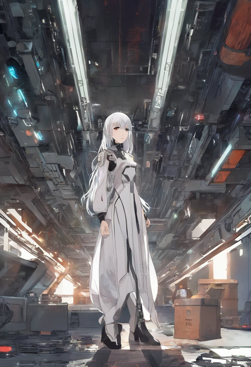 ((Masterpiece, Best quality)),A girl, Solo, dress, standing, Halo, alley, Outdoors, bangs, White dress, White hair, Long hair, blackfootwear, Industrial pipes, view the viewer, air conditioner,Dark lighting, garbage, trash cans, HXH2011