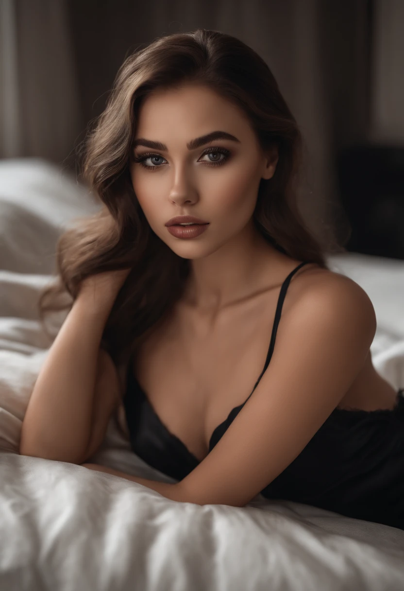 arafed woman fully , sexy girl with dark eyes, ultra realistic, meticulously detailed, portrait sophie mudd, coiled brown hair and large eyes, selfie of a young woman, dark dress, with makeup, natural makeup, looking directly at the camera, subtle makeup, stunning full body shot kneeling on bed, in bedroom, medium to large size bust
