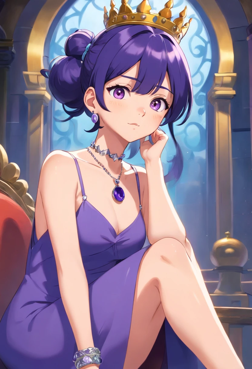 1 girl, Hinata Hyuga from the anime Naruto Shippuden, purple dress, crown, bun hair, dark blue hair, silver necklace, earrings, high heels, very detailed