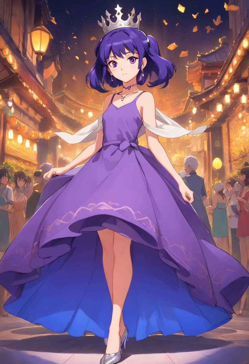 1 girl, Hinata Hyuga from the anime Naruto Shippuden, purple dress, crown, bun hair, dark blue hair, silver necklace, earrings, high heels, very detailed