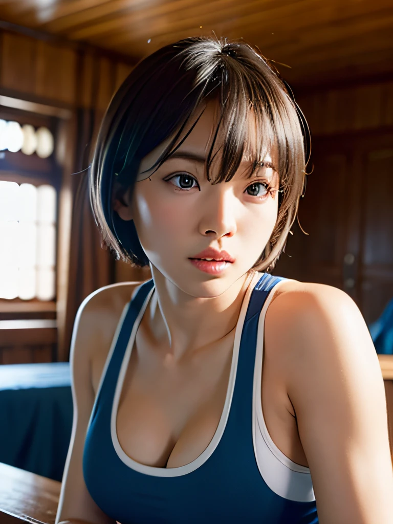 (Best Quality:1,masutepiece:1.2), (Photorealistic:1.2), Lighting, depth of fields, A detailed face, Face Focus:1, Game CG, ultra-detailliert, 8K, Intricate details, makeup, Beautiful sexy models, Solo, FULL BODYSHOT, Sportsbra、a short bob、Latex material、Highly exposed、Kamimei、look up to、Approaching、toru & Field Athlete、Sportsbra、Blue Racing Top、Women's Track & Field、darkened room、inside the house、sexy pose、medium bust、Track & Field Athletes' Uniforms、Japan woman at 25 years old、short-hair