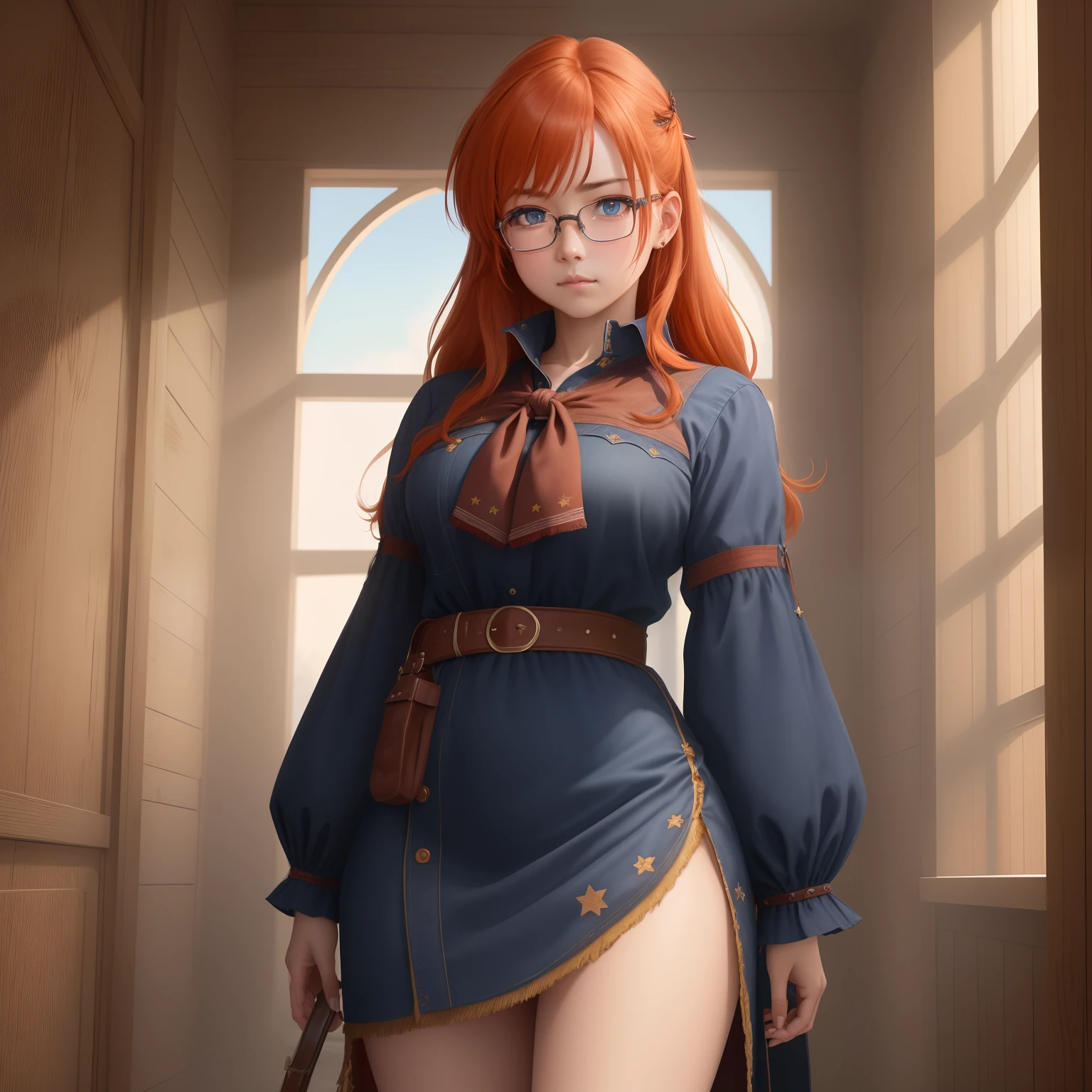 8k, masterpiece, best quality, realistic, higly detailed, cowboy shot, 1girl, solo, itsuki, serious looking girl, medium-length hair, expressive ahoge, reddish-orange hair, a pair of star-shaped hairpins near both of her eyes, dark blue eyes, average height, well-endowed figure, glasses, cute, charityer