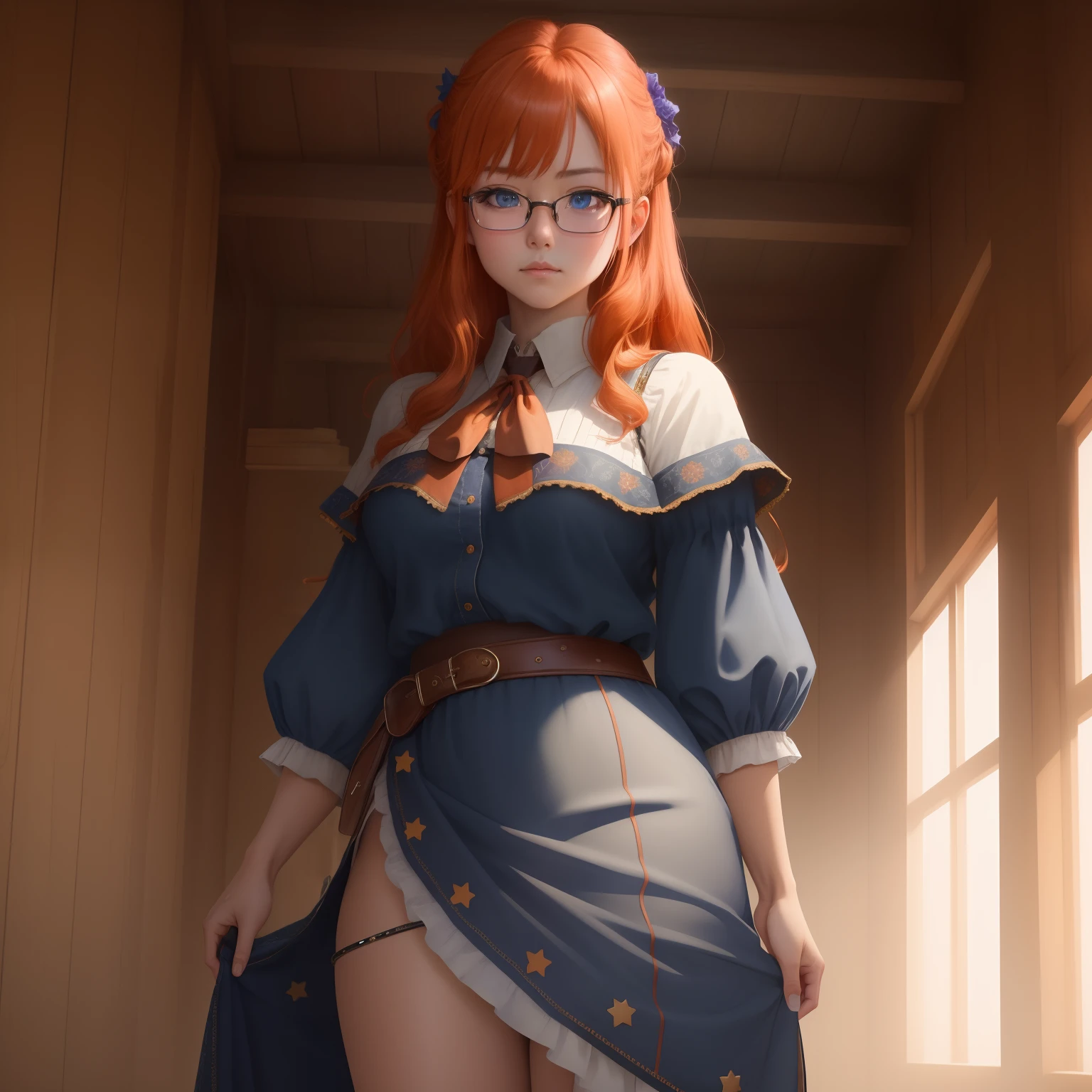 8k, masterpiece, best quality, realistic, higly detailed, cowboy shot, 1girl, solo, itsuki, serious looking girl, medium-length hair, expressive ahoge, reddish-orange hair, a pair of star-shaped hairpins near both of her eyes, dark blue eyes, average height, well-endowed figure, glasses, cute, charityer