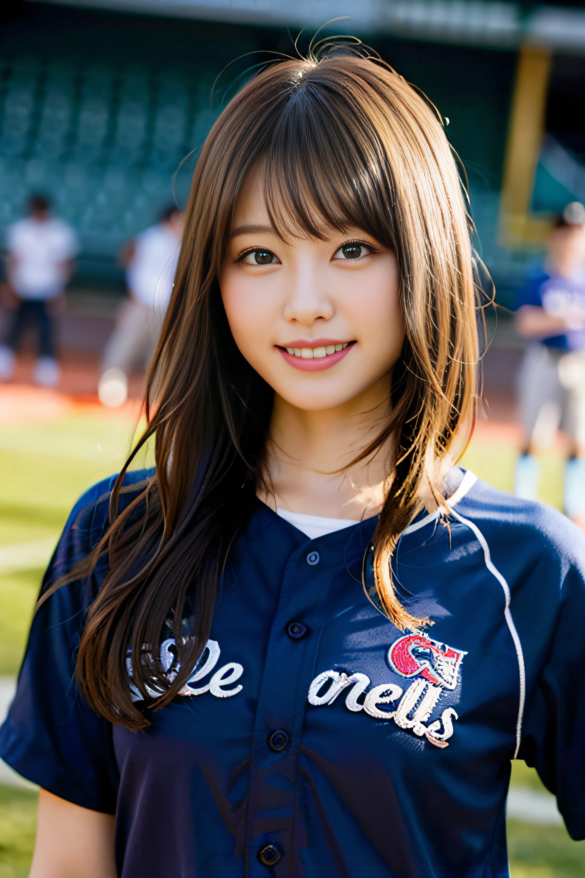 (8K、Raw photography、top-quality、​masterpiece:1.2)、(realisitic、Photorealsitic:1.37)、ultra-detailliert、超A high resolution、女の子1人、see the beholder、beautifull detailed face、A smile、Constriction、(Slim waist) :1.3)、Beautiful detailed skin、Skin Texture、Floating hair、Professional Lighting、Whole human body、Longhaire、a blond、Baseball Uniforms、hi-school girl、baseball field、Bob Hair、Happy smile、 student、F-cup、Suppin