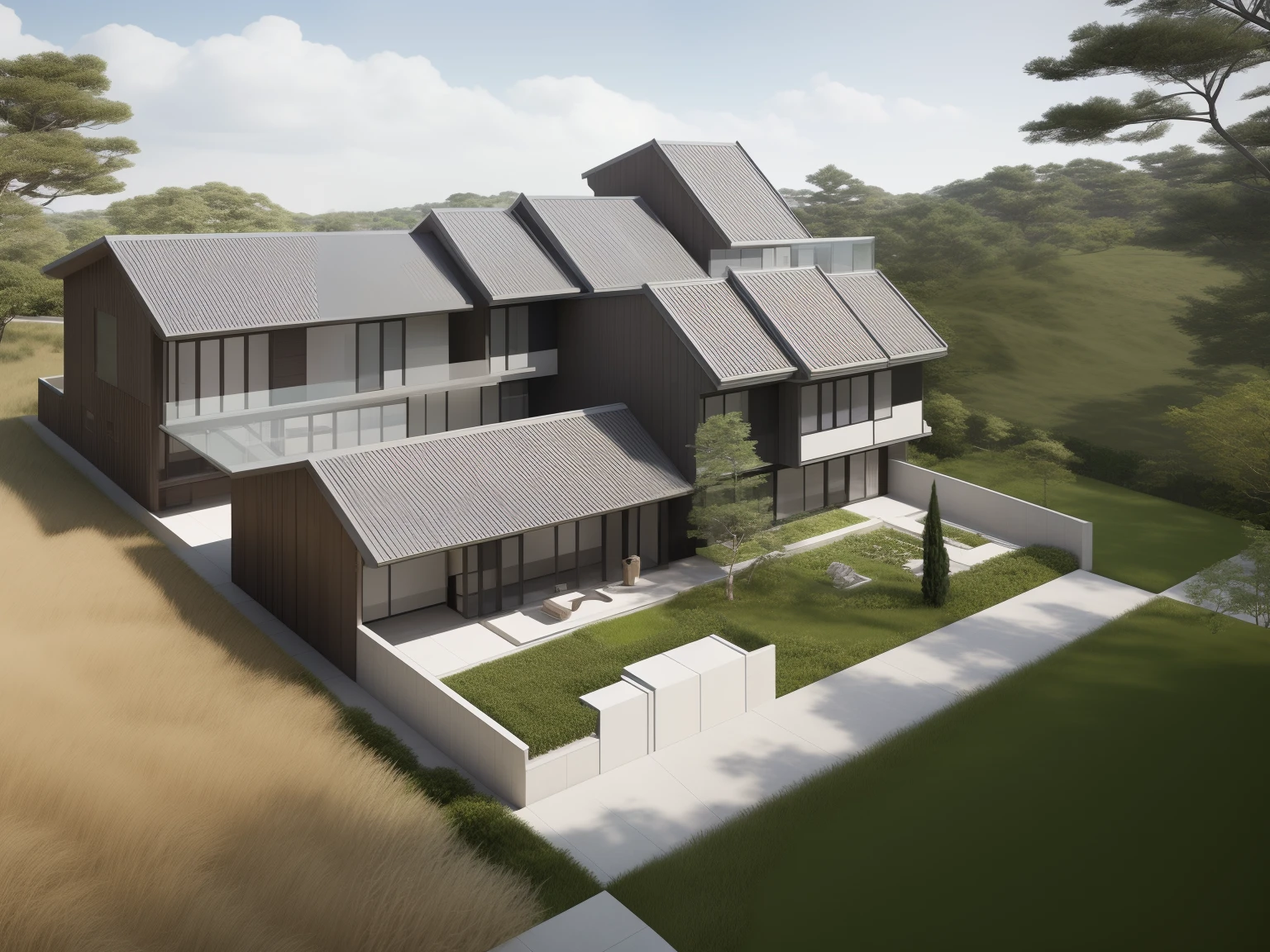 Masterpieces, 4k, high-quality, drawing of a house with a lot of windows and a roof, perspective view, modern house, front perspective, architectural beauty  view, residential design, architecture drawing, complex, realistic buildingdesign, architectural drawing, inspired by Takeuchi Seihō, vray, architectural  traditional drawing style, residential,