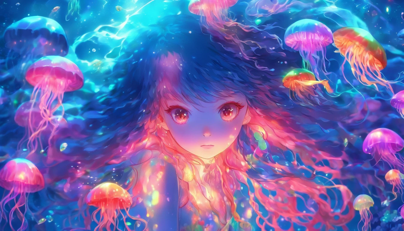 Anime girl holding a fish and a rainbow fish in her hand, colorfull digital fantasy art, digital art fantasy, colorful digital painting, 4k highly detailed digital art, Exquisite digital illustration, digital fantasy art ), digital art fantasy art, dreamy psychedelic anime, vibrant fantasy style, Fantasy art style, Anime fantasy illustration, Stylized digital art, jellyfish priestess