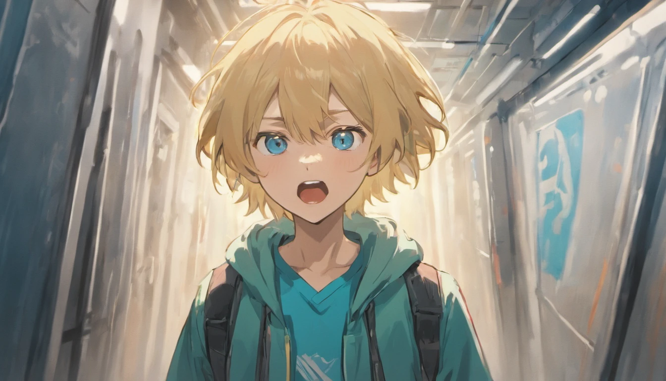 a teenager boy with blonde hair blue eyes shouting any school corridor, illustrations, 4k, face only, (((no open mouth)))