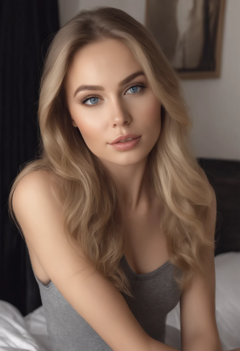 Arafed Full Woman, Sexy Girl with Blue Eyes, , Ultra Realistic, Meticulously Detailed, Portrait of Sophie Mudd, Blonde Hair and Big Eyes, Selfie of a Young Woman, Bedroom Eyes, Violet Myers, No Makeup, Natural Makeup, Looking Directly at the Camera, face artgram, subtle make-up, Impressive photo of the whole body kneeling on the bed, In the bedroom, Medium and large size chest, allowing the face to be seen clearly, portrait