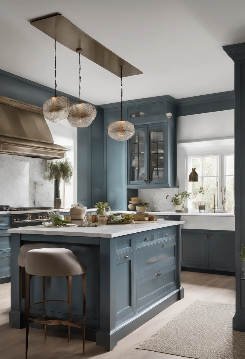 cuisine blanche et taupe avec meubles hauts bleu canard, style contemporain