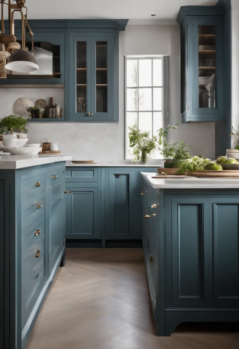 cuisine blanche et taupe avec meubles hauts bleu canard, style contemporain