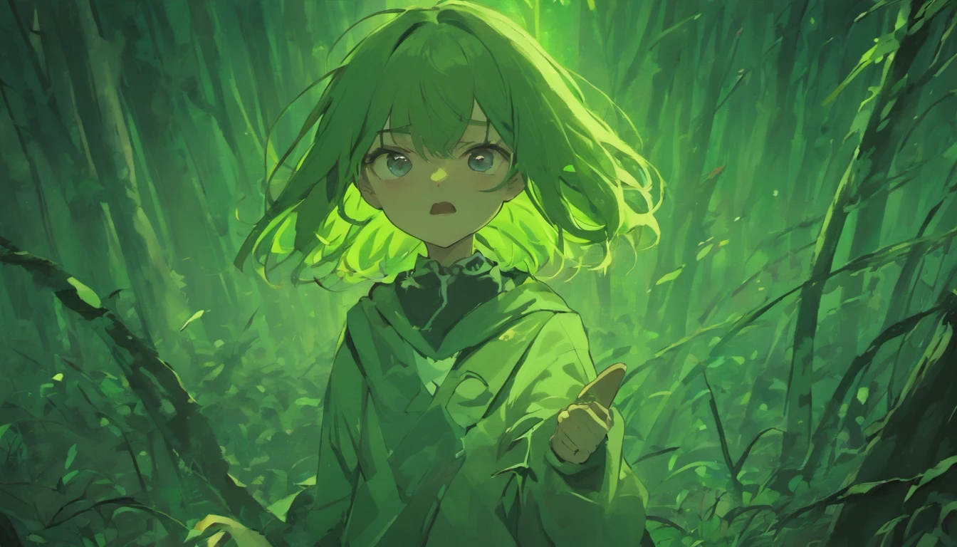 High-quality detail drawings(A teenager with a knife dressed in white)Expression angry forest night horror