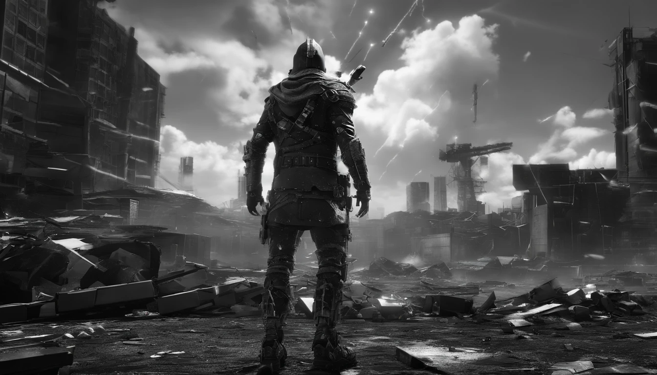 A bandit wearing dystopian armor stands atop a crumbling skyscraper, surveying the chaos of the ravaged city below. In the distance, flames lick at the remains of a factory, while a group of rebels fights against a group of heavily armed soldiers. The bandit's face is shrouded in shadow, but the glint of their armor suggests they are not to be trifled with. In the background, a storm rages on, lightning illuminating the sky as the bandit contemplates their next move. The scene is captured in stunning 8k resolution, the intricate details of the armor and the destruction brought on by the dystopian world brought to life by the skilled hand of artist Eddy Li. The piece is rendered in Unreal Engine, adding to the hyper realistic feel of the scene. A true masterpiece, this image captures the essence of the chaotic and dangerous world of the dystopian bandit.