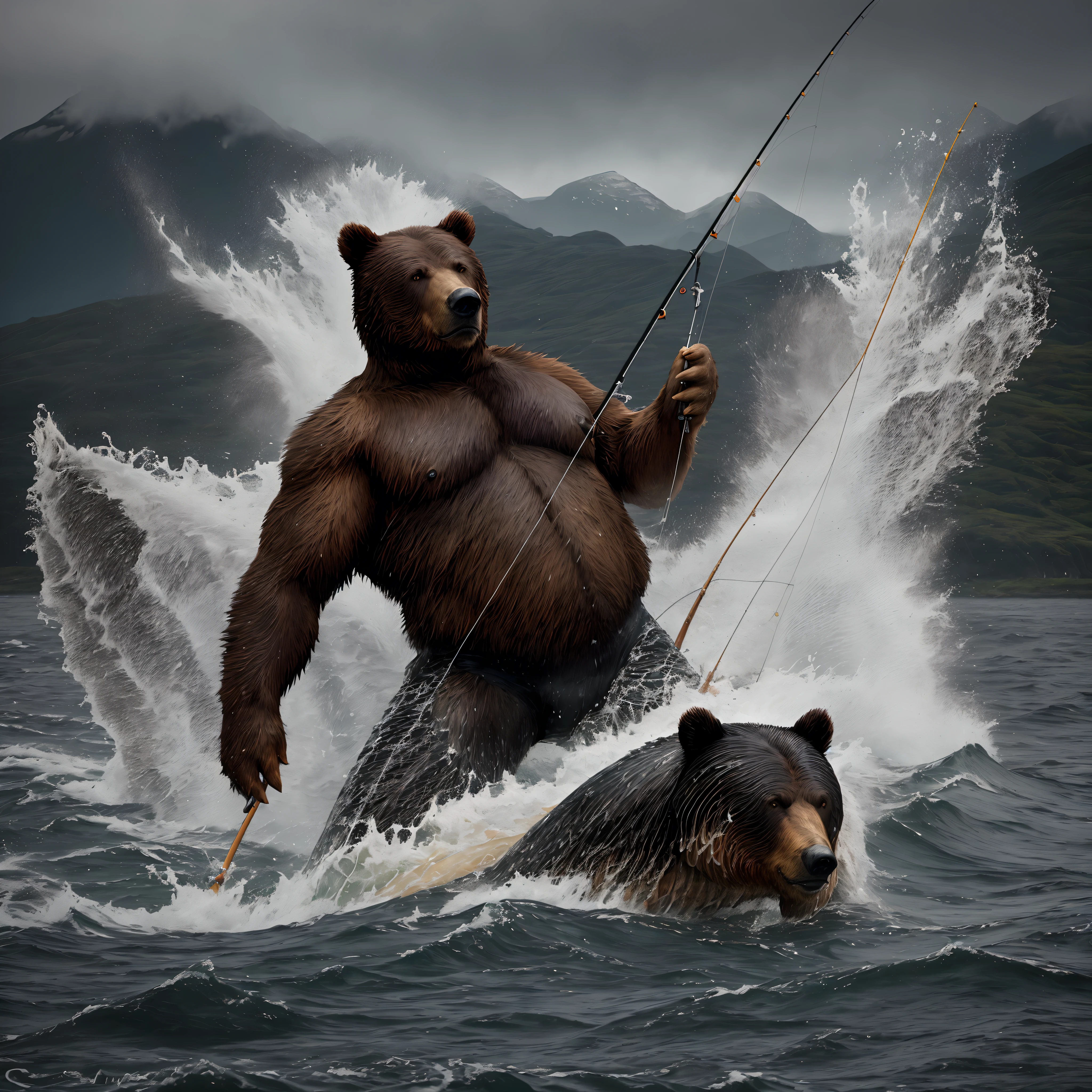 melhor qualidade,alto),A boy fishing for salmon in Alaska, Na margem do rio, um urso gigantesco perseguindo o pescador, Dramatic lighting and intense atmosphere, cores vibrantes, Detailed representation of man's fishing equipment and bear skin, Estilo fotorrealista, sparkling water, movimento poderoso, breathtaking landscapes