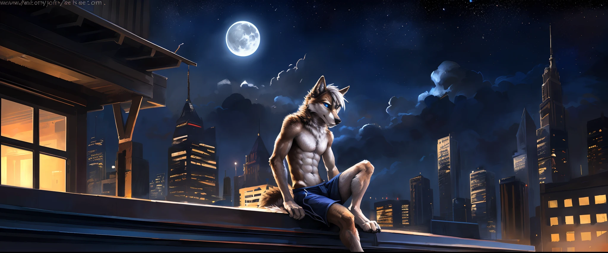 ((Solo)), male people, anthro wolf, (Multi-colored fur, White-brown:1.3, White tail pointed), ((Wolf face, White hair, Big eyes, White eyelids, Blue pupil, Slim:1.2) (Tough, Calm expression:1.2)), Abs, Slim, pinging)), (Correct body anatomy), (Work shorts:1.1), The upper body is naked, (detailed outfits),A big tail，Feet，Long legs，(Realistic fur, Detailed fur texture, labeled:1.3)), (Natural lighting), Photorealistic, Hyperrealistic, ultradetailed, by Kenket，In the modern city，Roof roof，the night，Sit alone，Look at the full moon，It was dark，Starry