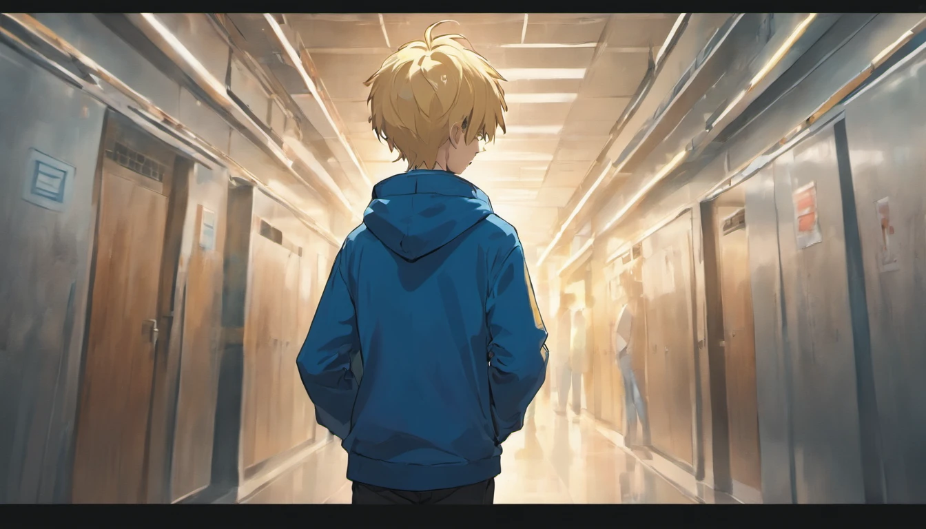 a  boy with blonde hair blue eyes walking, face down, school corridor, illustrations, 4k, face only