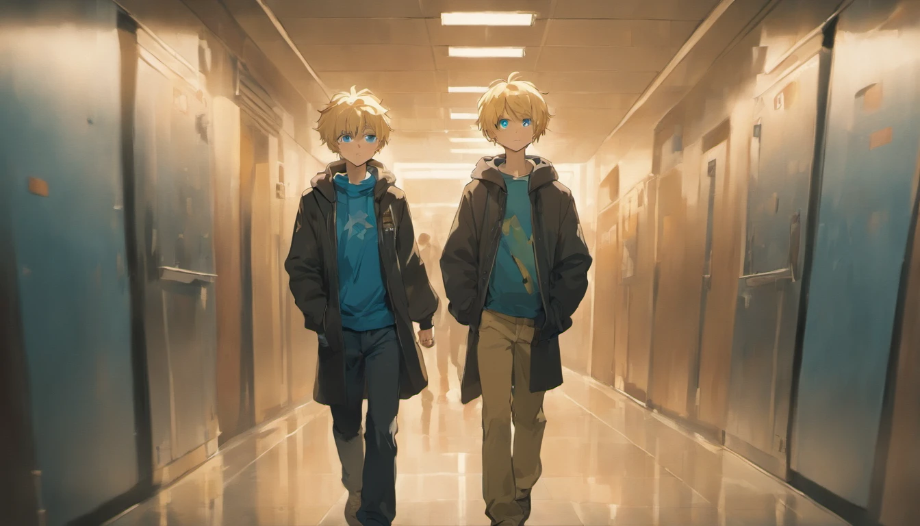 a teenager boy with blonde hair blue eyes walking, face down, school corridor, illustrations, 4k, face only