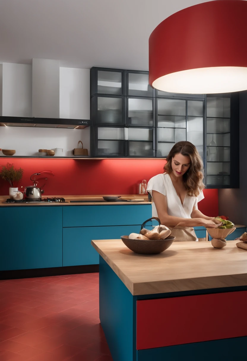 kitchen with smooth front, meuble bas de couleur, meubles hauts de couleur bleu canard, style contemporain, concrete floor, mur de couleur noir, with a woman cooking with a red hat on her head