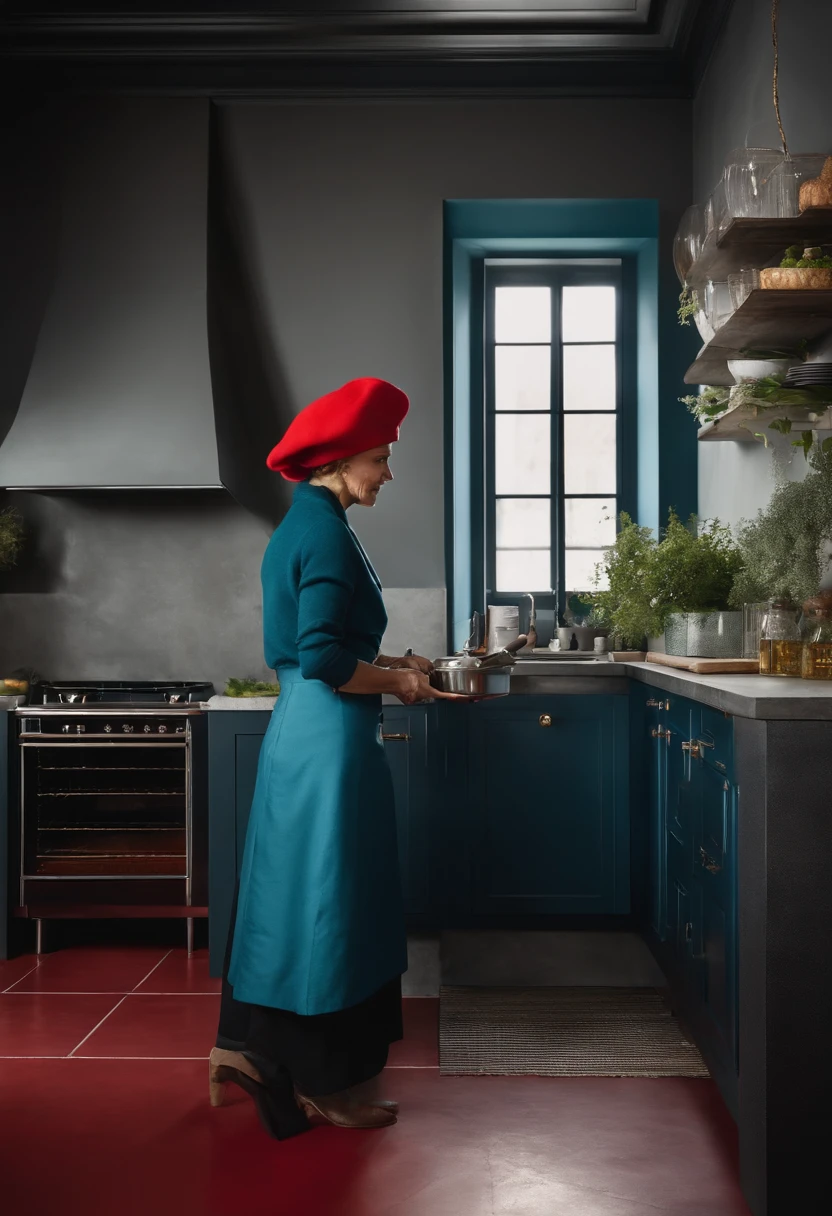 kitchen with smooth front, meuble bas de couleur, meubles hauts de couleur bleu canard, style contemporain, concrete floor, mur de couleur ????, with a woman cooking with a red hat on her head