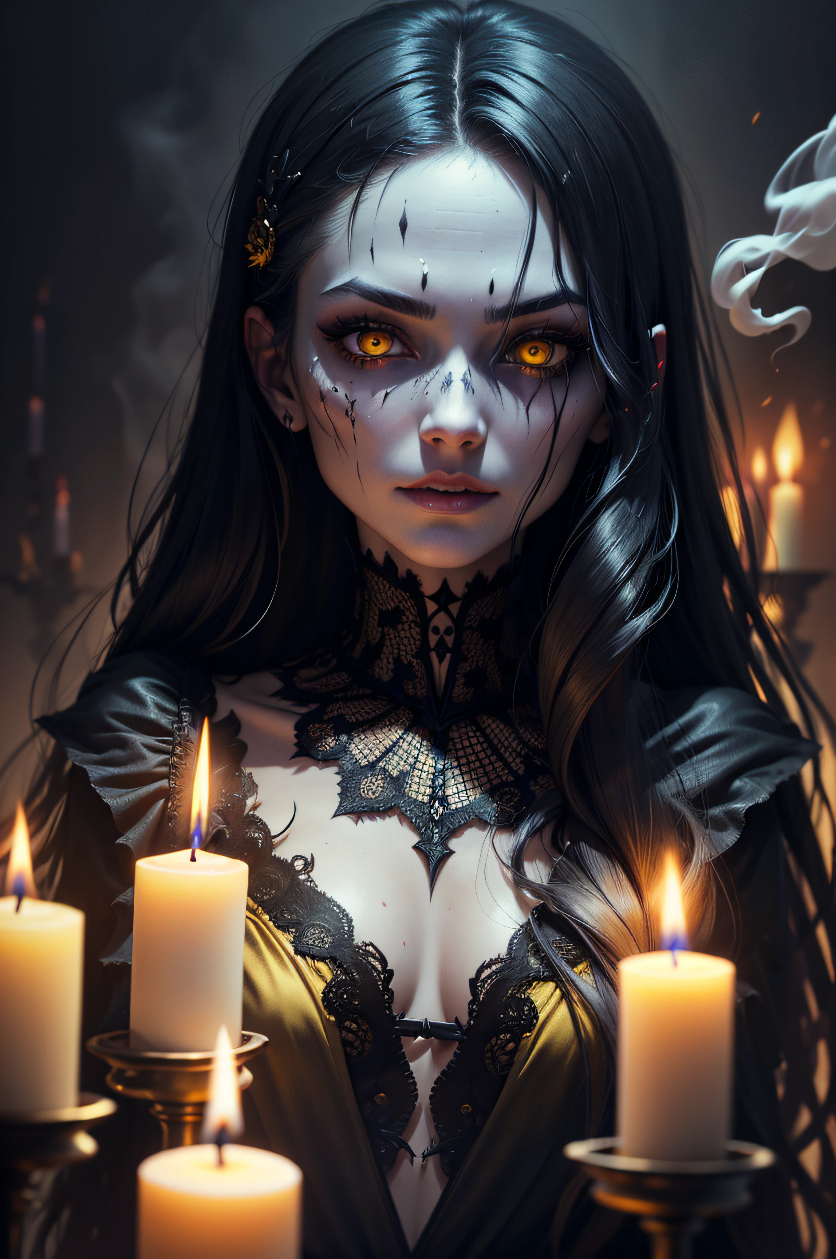dark, unholy, evil, astral, creepy style, undead, rotting skin, mystical, nice perfect face with soft skin, young beautiful woman portrait, smoke, mist, night, long hair, yellow glow, yellow eyes, candle, void