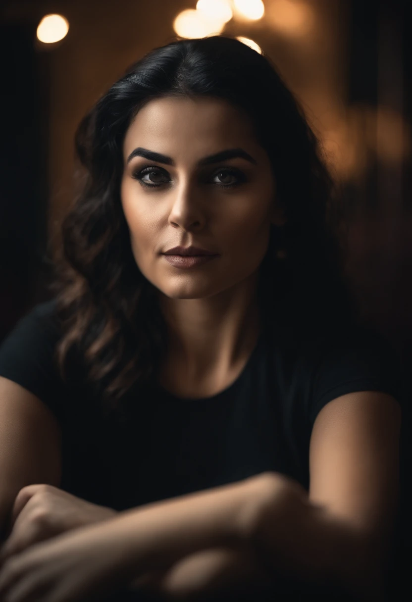 Foto CRU, foto de retrato de rosto de linda de 20 anos.oh woman, rosto fofo, usando vestido curto preto, cara sedutora, sombras duras, cinematic shot, dr lighting