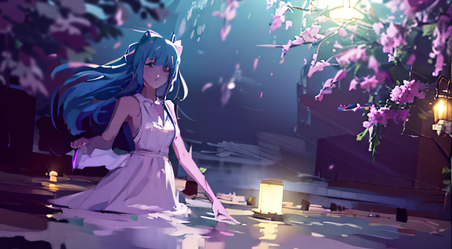 Teenage girl in dress strolling in water，nighttime scene，the night，lamplight，a sense of atmosphere，