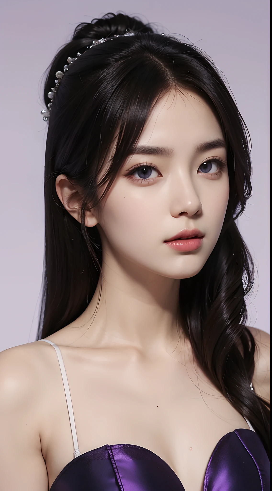 Unique and diverse image of a young woman, milky white skin contrasted with a vibrant purple background, beautiful face and body captured in a solo photo.