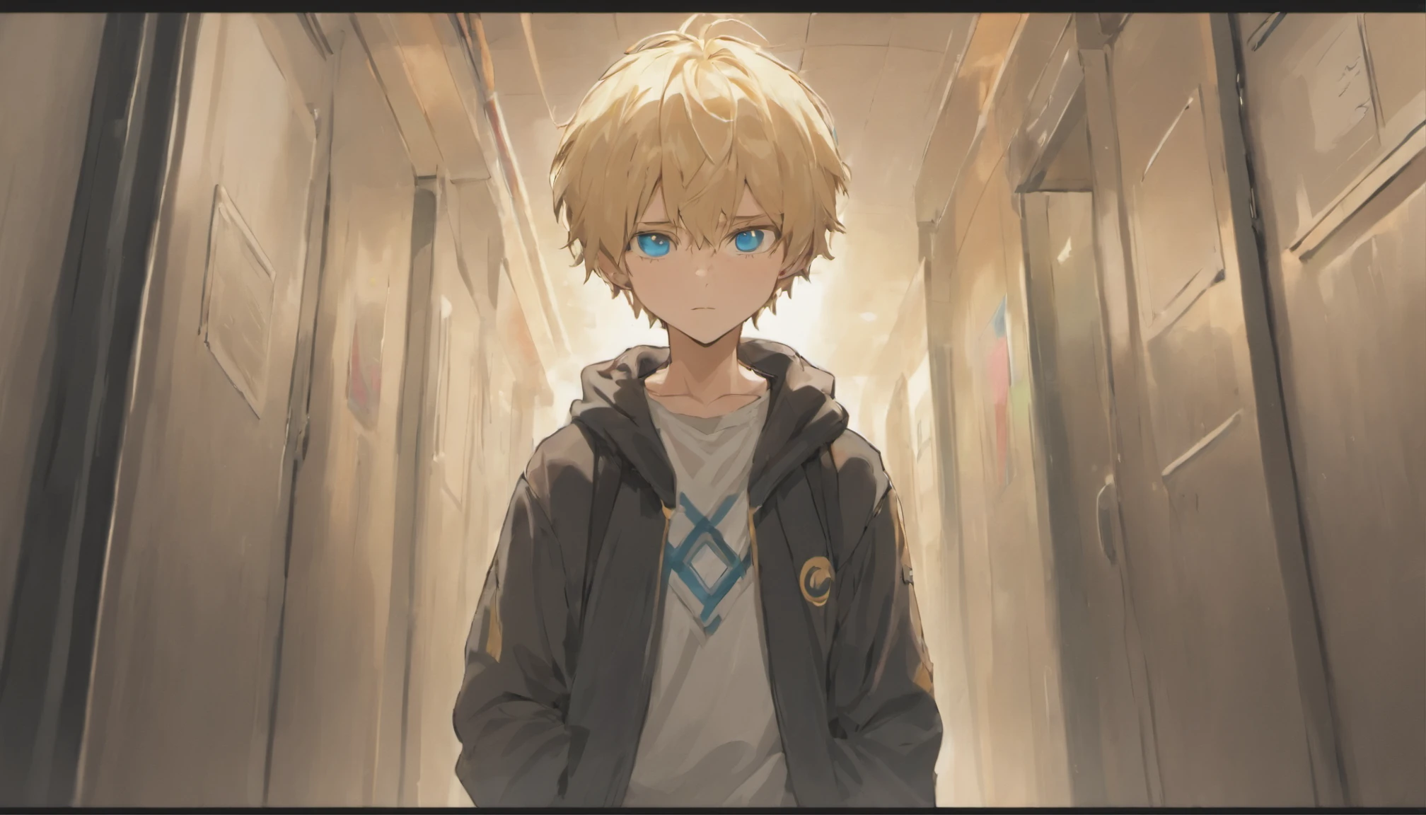 a  boy with blonde hair blue eyes walking, face down, school corridor, illustrations, 4k, face only