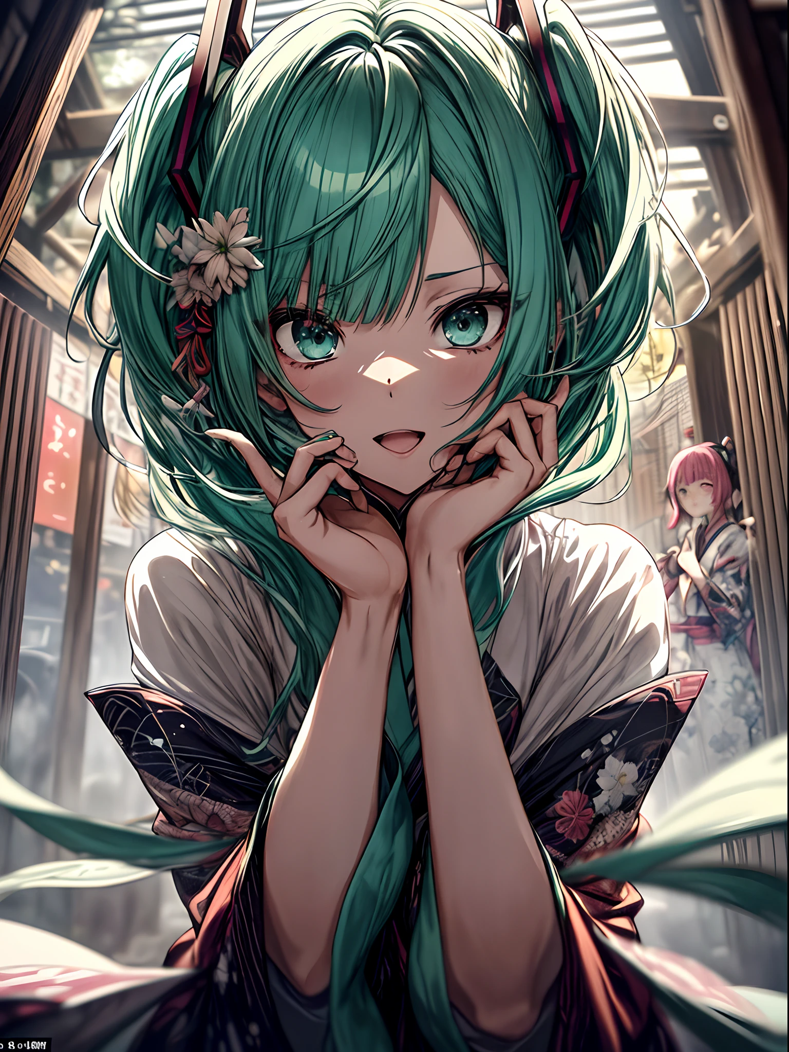 Full body、acrobat、Japanese dress、Kimono Dresses、long、miku hatsune、Green hair、Twin-tailed、Ahegao ( Silly / Sexual ecstasy)、Cross-eyed、Stranger、View other people、Blunt bangs、 over-kneehighs,Ahegao , Silly,Sexual ecstasy,Drunken eyes,Blunt bangs, Green hair,(masutepiece:1.2, Best Quality), (finely detailed beautiful eye: 1.2), (Detailed background,Dark Fantasy), (beautifull detailed face), High contrast, (Best Illumination, extremely delicate and beautiful), ((Cinematic Light)), Colorful, Hyper Detail, Dramatic light, Intricate details,