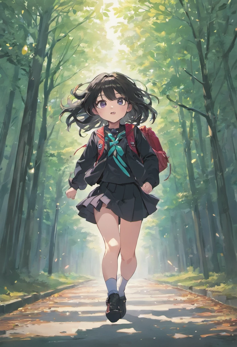 1 running woman, school uniform, black shoes, white socks, hair band, long hair, black hair, shining purple eyes, backpack, school, beautiful sky, trees, leaves blowing in the wind, very detailed
