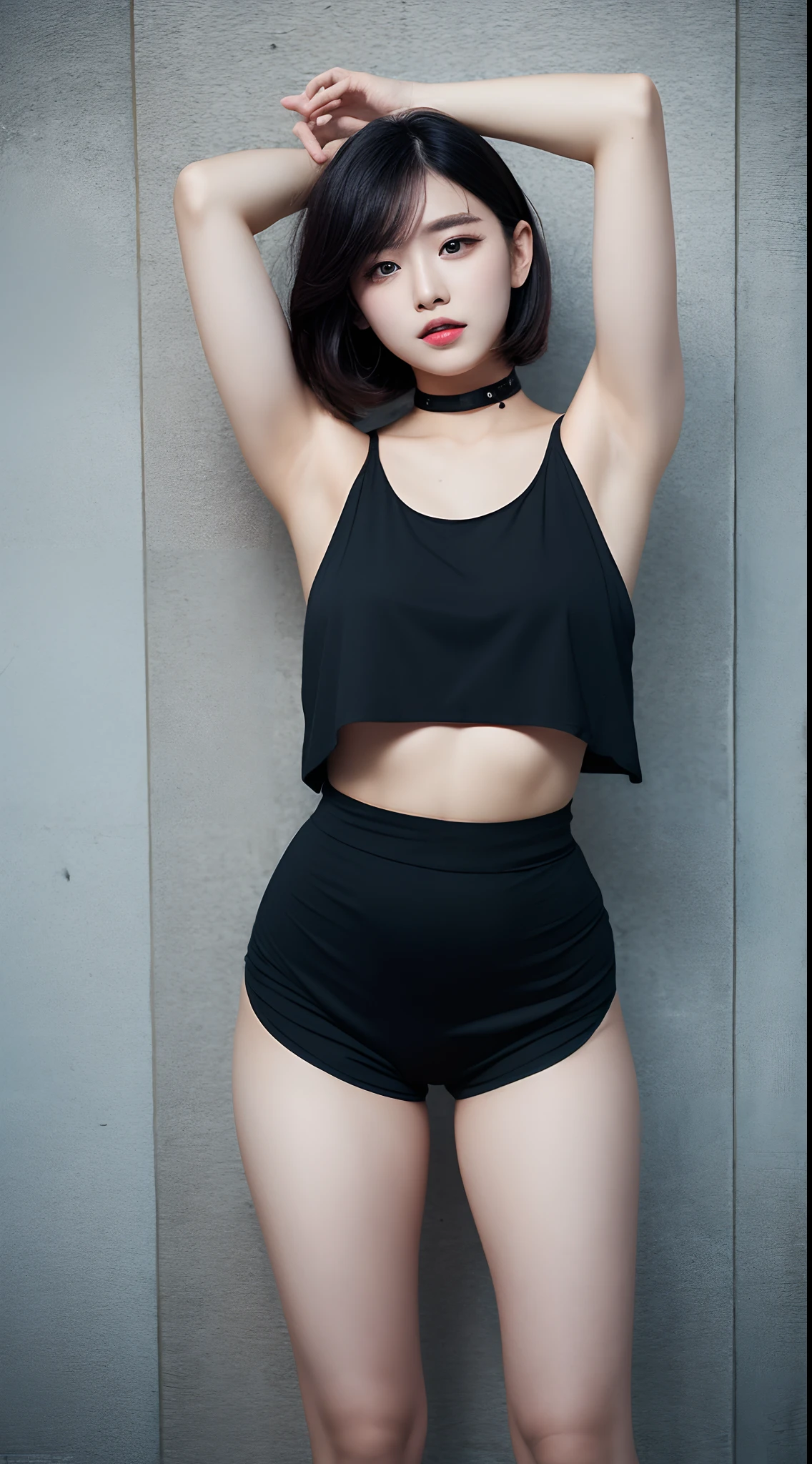 NSFW, casual outfit, street style, transparent black short pants, Plump Goddess, showing armpit, black transparent croptop, braless, taken with canon 5d mk4, multicoloured hair, wolvy hair