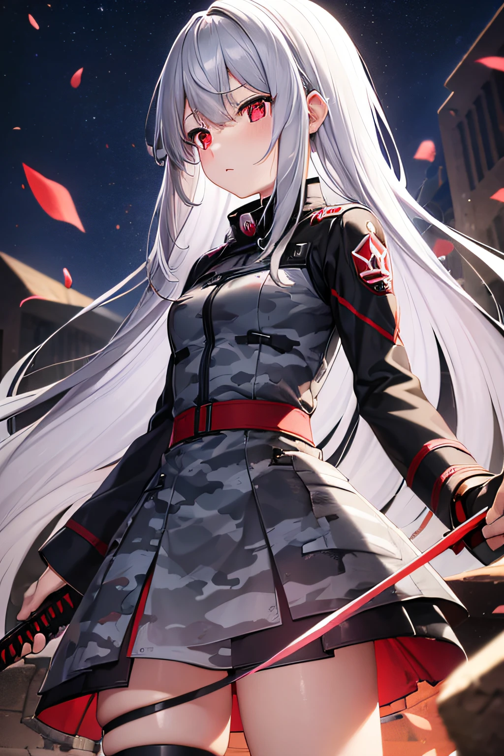 (masterpiece:1.2), best quality , PIXIV, petite ten year old girl , long white hair , red eyes ,Wearing and gray camouflage uniforms , (anime girl have a black long knife in her hand) ,She stands in the ruins ,The , at modern, (sky dim light),girls frontline style,smooth anime cg art, profile of anime girl