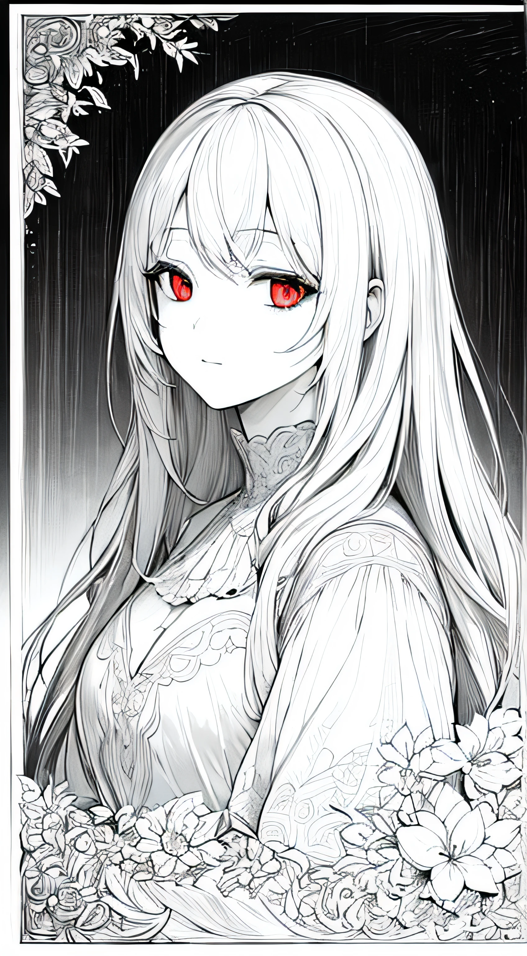 lineart, monochrome,masterpiece, best quality, extremely detailed, cinematic lightning, intricate detail, highres, official art, finely detailed beautiful face and eyes, high resolution illustration, 8k, depth of field, bokeh, solo, 1girl, a girl with white hair and red eyes, long white hair, beautiful red eyes, beautiful landscape, rainy city, upper body, looking at viewer, close up