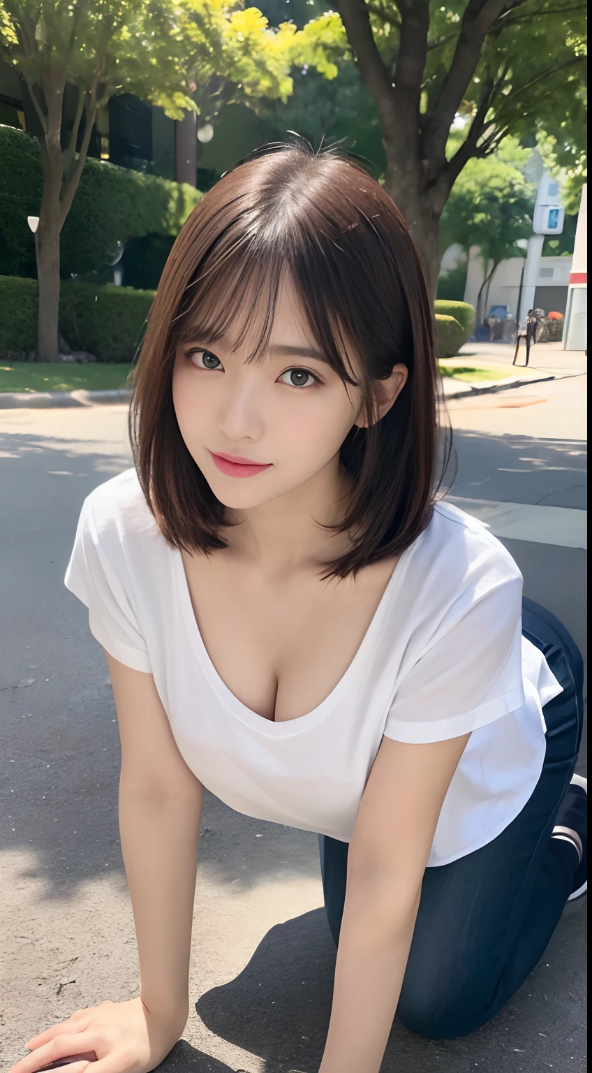 ((top-quality、8K、masterpiece:1.3))、Crisp focus:1.2、Beautiful Women in Perfect Style:1.4、Slender Abs:1.2、((dark brown hair、Colossal tits:1.2))、(White button-up long shirt with wide open chest:1.1)、Street:1.2、Highly detailed facial and skin texture、A detailed eye、二重まぶた
