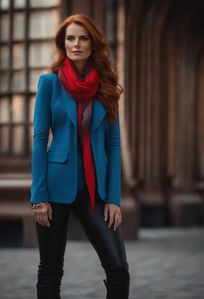 A Australien women with brown and red hair with a 80’s red jacket and blue scarf and with fingerless gloves black pants and boots and gray goggles