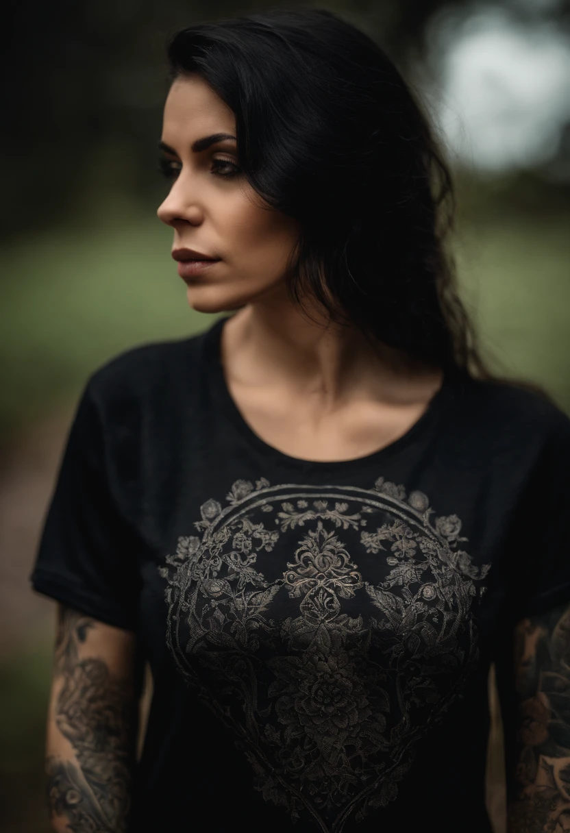 mulher gotica real tatuada de camiseta lisa preta , majo, realista, modelo