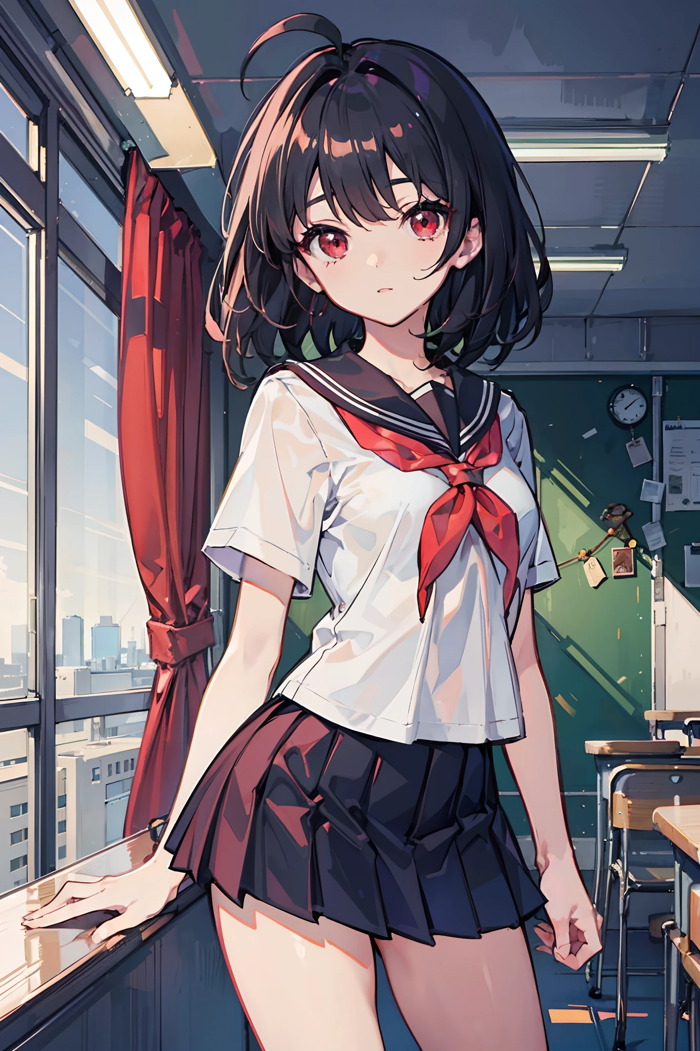 Masterpiece, Best quality, a beauty girl, Medium hair, Black hair, ahoge, Red eyes, black thighhigns, school uniform,