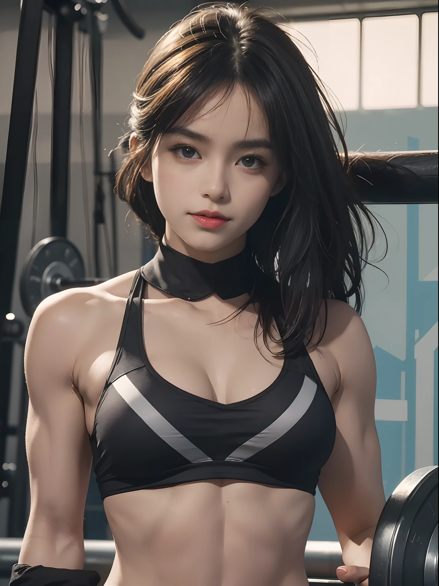 Portrait Photogram,The background is blurred out,hight contrast,high saturated,A woman who is,Muscles throughout the body,The muscles are well defined,Hold the barbell,in the gym,Fitness,hentail realism,ultra-realistic realism,Real portraits,4K,8K,Volumetriclighting