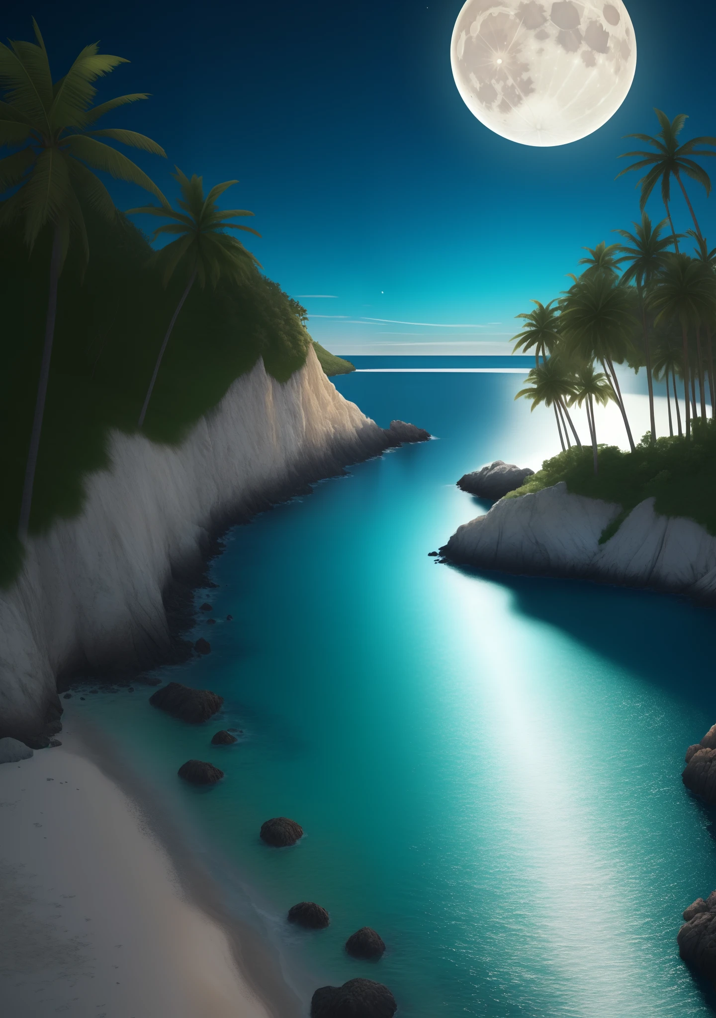 64k quality hyper realistic night time ultra hd crystal clear skies moon shinjng very brightly highly detailed ocean scene gentle ocean currents. Water surface pov deserted coast nearby with crystal clear white coloured sand having one or two tall coconut trees heavily bounded with colourful lights with lights shining out brightly. Short range closeup scene hardly with range of 50 meters. Bright scenery under moonlight crystal clear water highly detailed cinematic cartoonish very very high graphics 64k quality