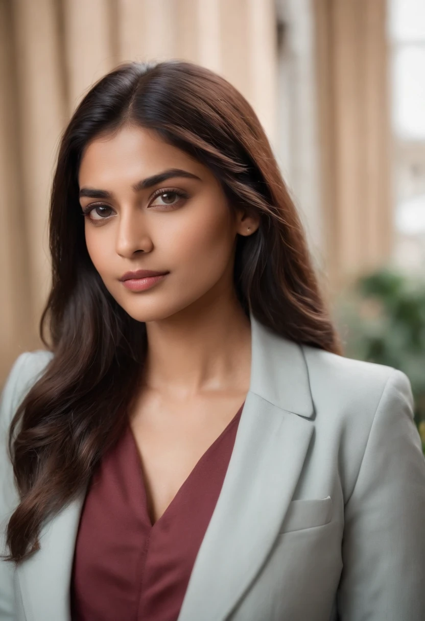 ((best quality)), ((masterpiece)), (detailed), perfect face A confident indian woman with long, slightly wavy brown hair is wearing a vibrant blue blazer. She has a relaxed yet assured expression, with her arms crossed. The background features a blurred text, enhancing the focus on her. Her subtle makeup highlights her natural features. 8k ultra HD realistic 